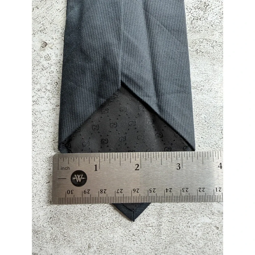 Gucci Cotton Silk Tie Mens OS Black Charcoal Jacquard Embroidered Logo Necktie
